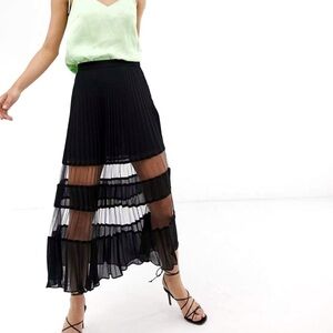 Stockholm Atelier & Other Stories Black Pleated Midi Skirt Mesh Panels Sz 12